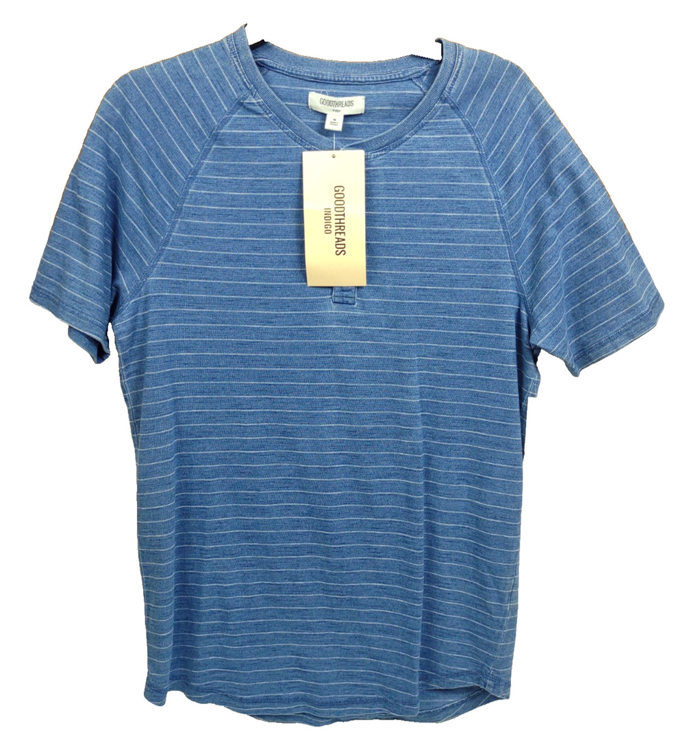 Goodthreads Soft Cotton Henley T Shirt Med Short Sleeve NWT Indigo Blue Stripes
